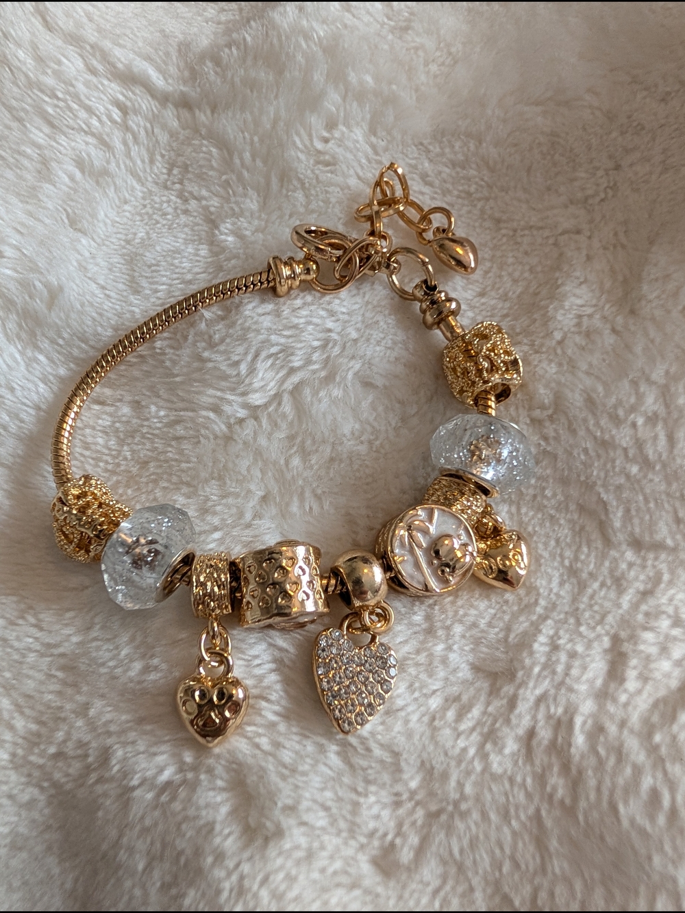 Gold Tone European Charm Bracelet Heart Dangle Crackle Glass Beads